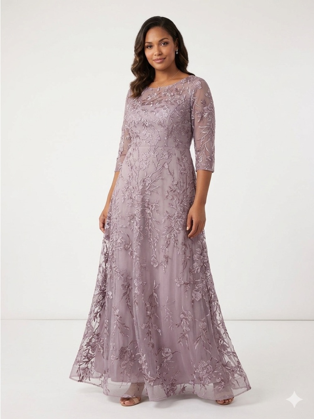 Elegant Lace Floral Evening Dress in Mauve